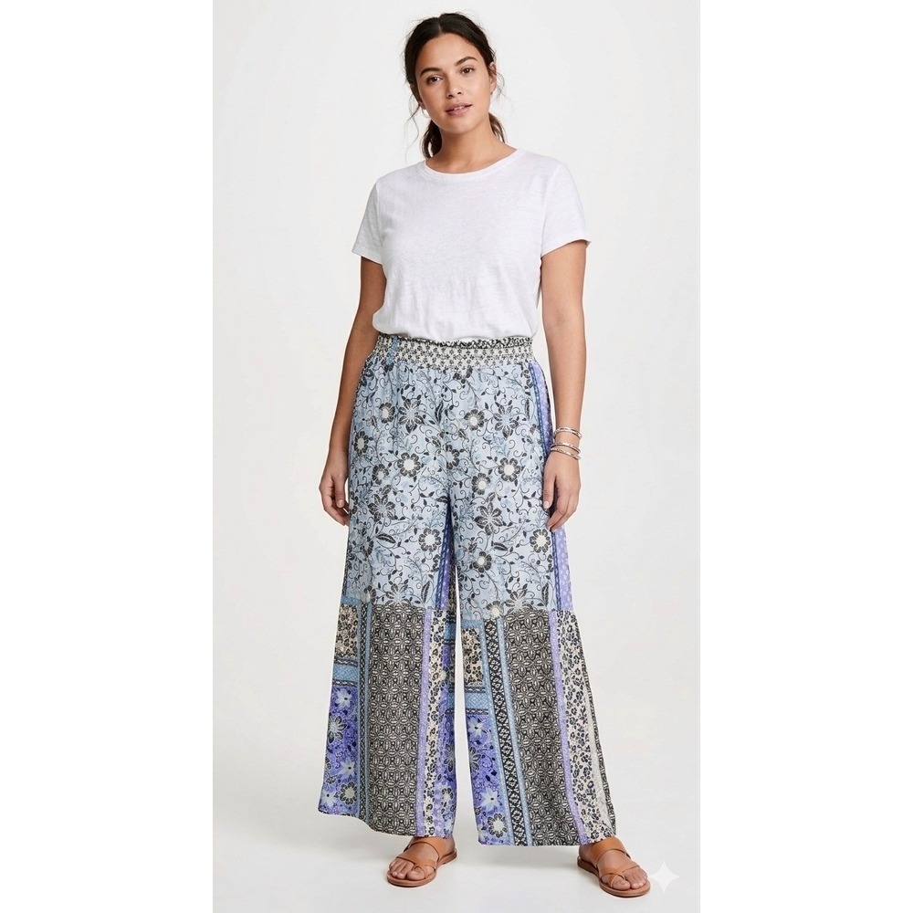 NEW NWT $180 Johnny Was Workshop Linen Lounge Pant Blue Floral Patchwork Boho